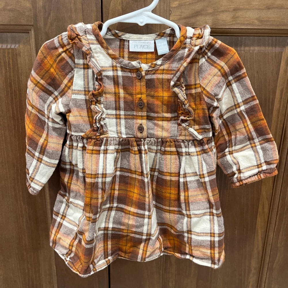 The Children’s Place Girl’s Fall Brown & Orange Plaid Long Sleeve Dress 12-18 mo